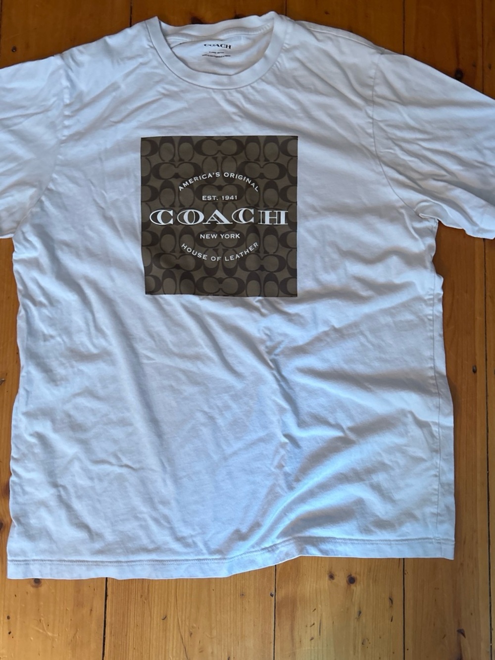 Coach White Short Sleeve T-Shirt with Brown Logo Square
